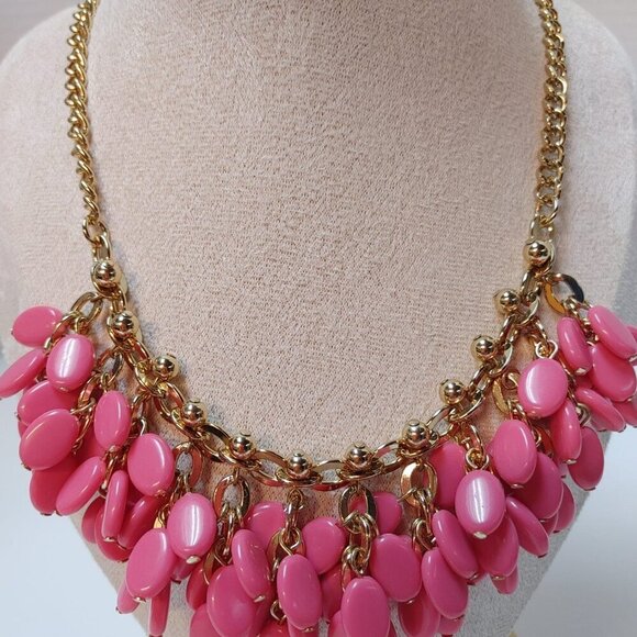 GoldTone Teal PINK Teardrop Bib Statement Necklace Earrings SHB sign Jewelry Set - Picture 4 of 7